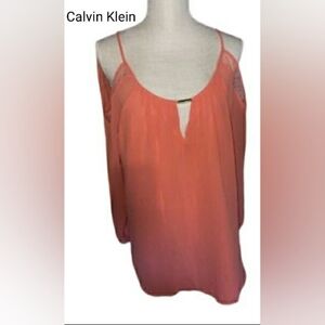Calvin Klein Flowy Cold Shoulder Long Sleeves Coral Blouse